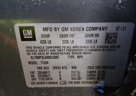 2022 Chevrolet Trailblazer Fwd Lt из США, поврежденный, VIN KL79MPSL6NB043083